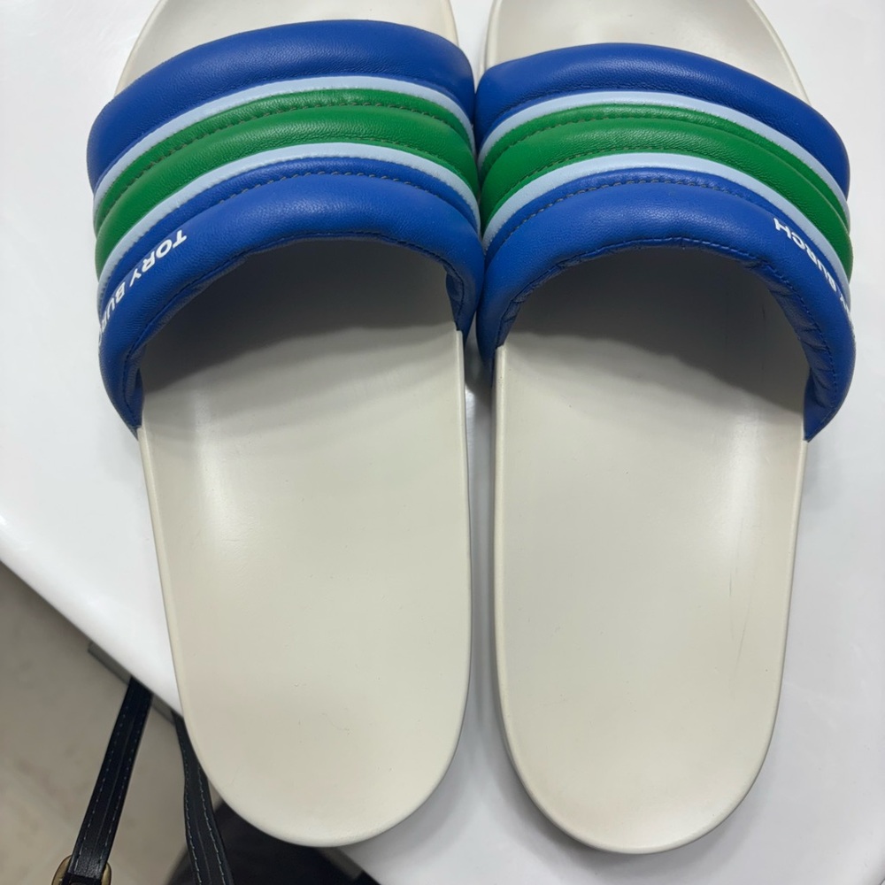 Tory Burch Blue and Green Striped Slides - Picture 8 of 11